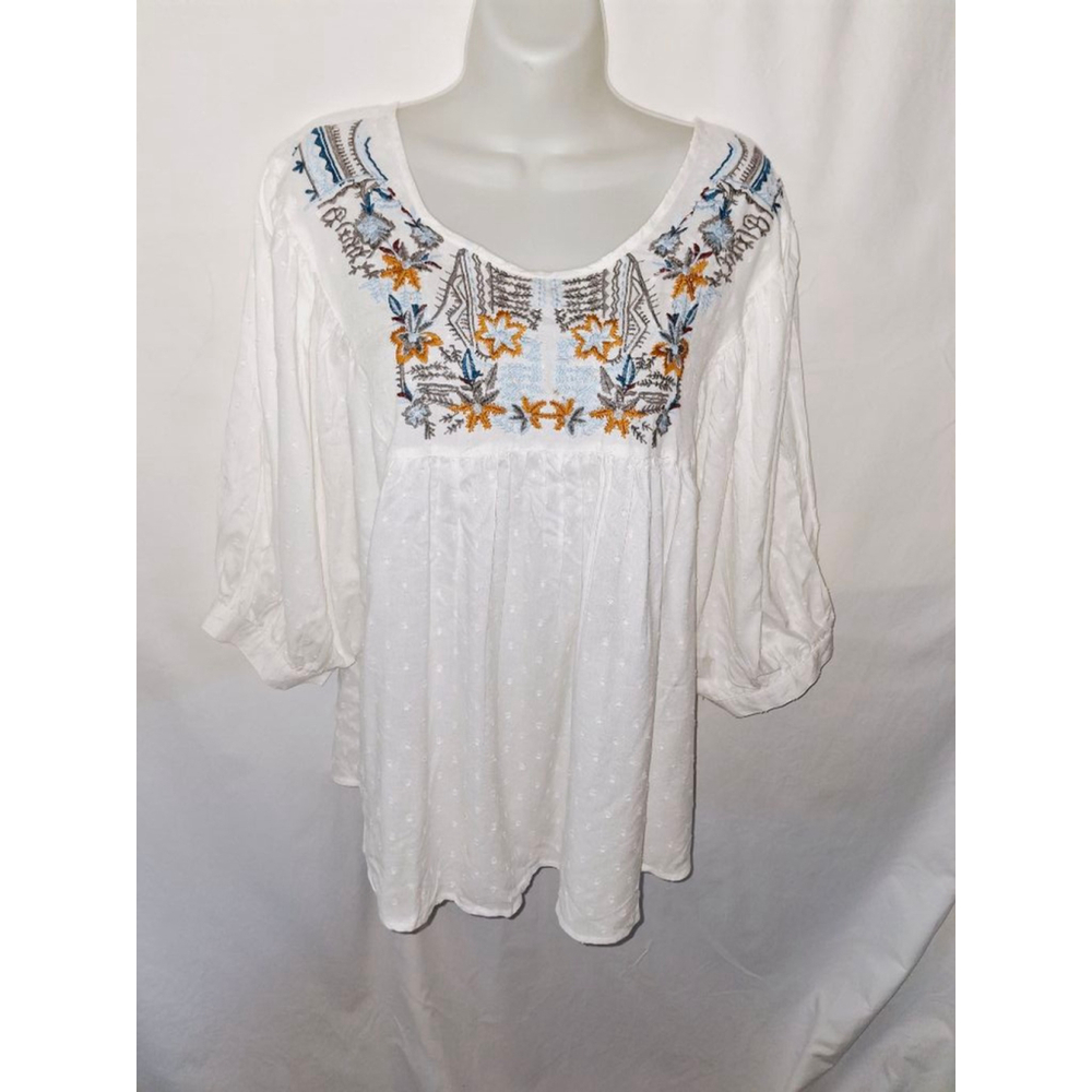 Cato White Embroidered XL womens peasant bohemian Renaissance swiss dot blouse - Picture 2 of 5